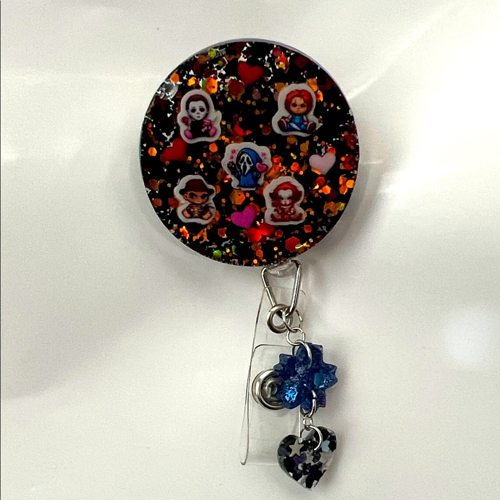 New Horror-Themed Badge Reel with Glitter and Charms